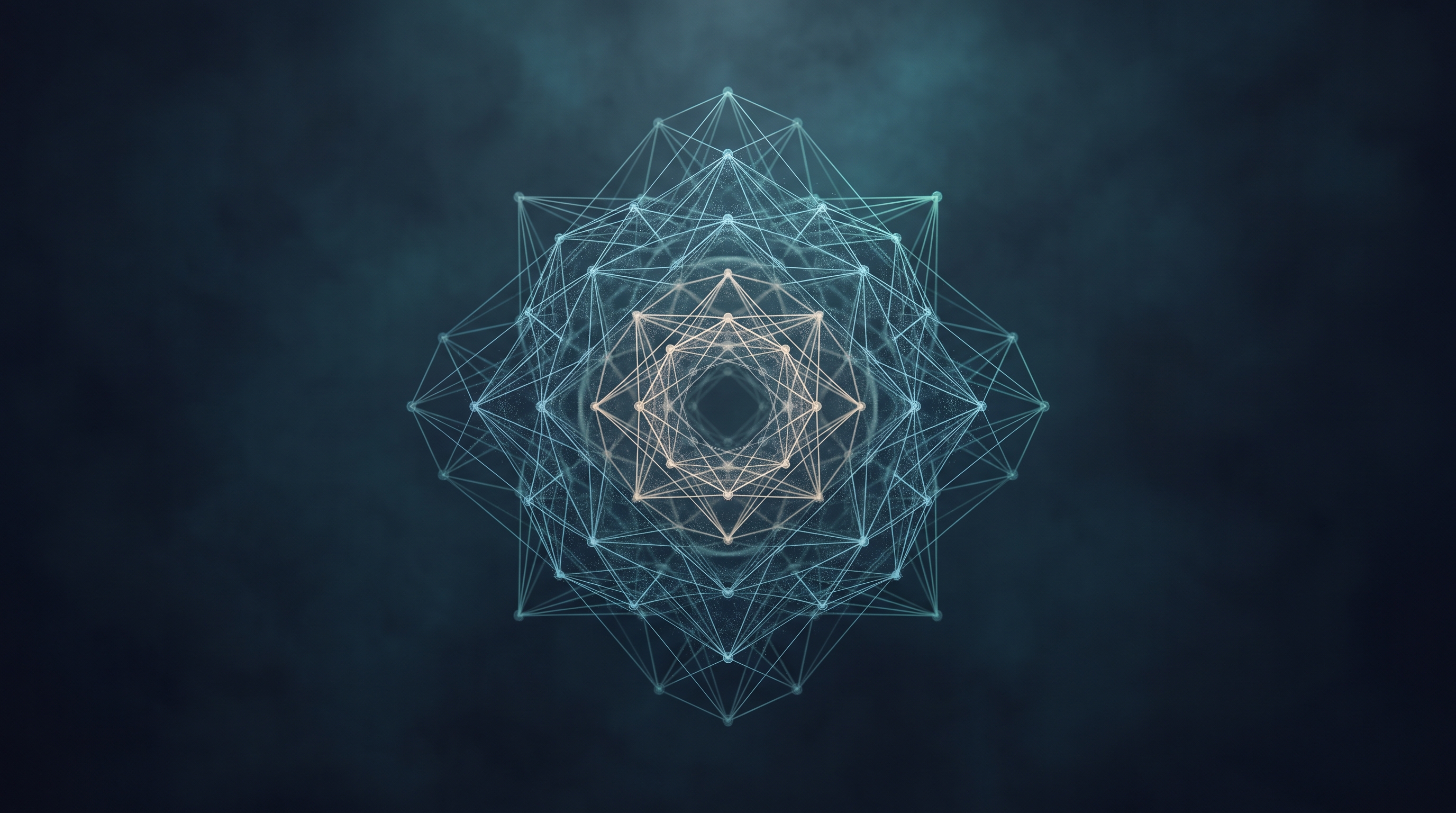 A symmetric, mandala-like lattice of fine pale-cyan lines and small nodes on a dark navy field, forming nested concentric star-and-diamond tiers around a dark center, with the innermost tier glowing faint amber.